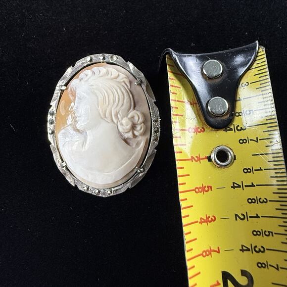 Vtg Cameo Carved Shell Pendant Brooch Lady Left Profile Italy 800 Silver Lg - Picture 9 of 9